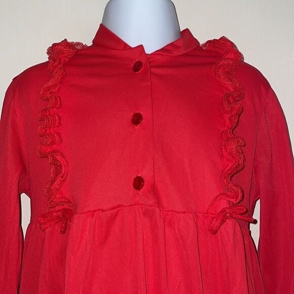 Vtg 60s/70s red long nylon little girl nightgown with long sleeves & red lace - Picture 2 of 8